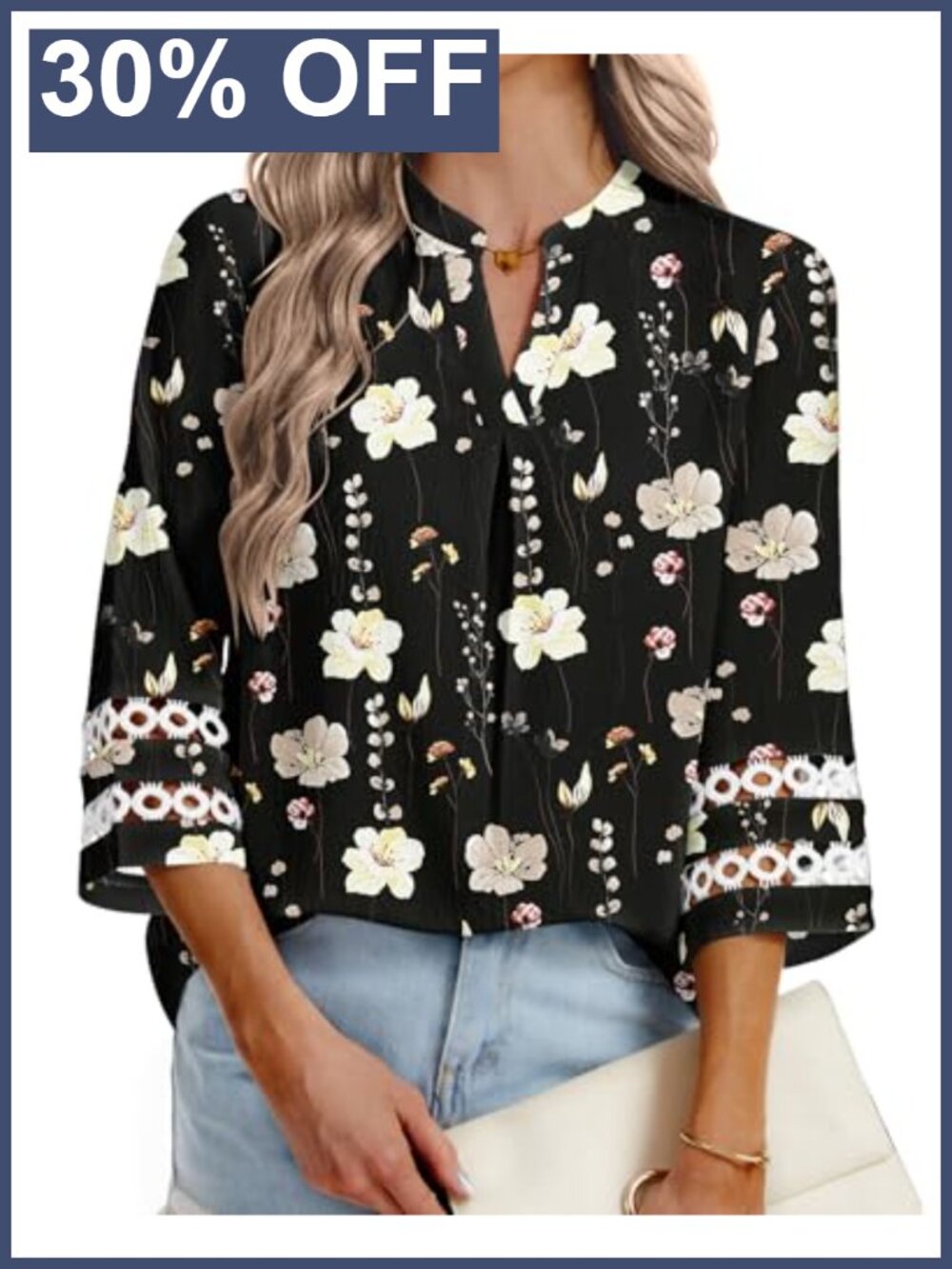 Womens 3/4 Sleeve Lace V Neck Pleated Tunic Blouse Business Casual Work Top